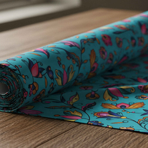 Copper Prairie Petals Turquoise Satin Fabric