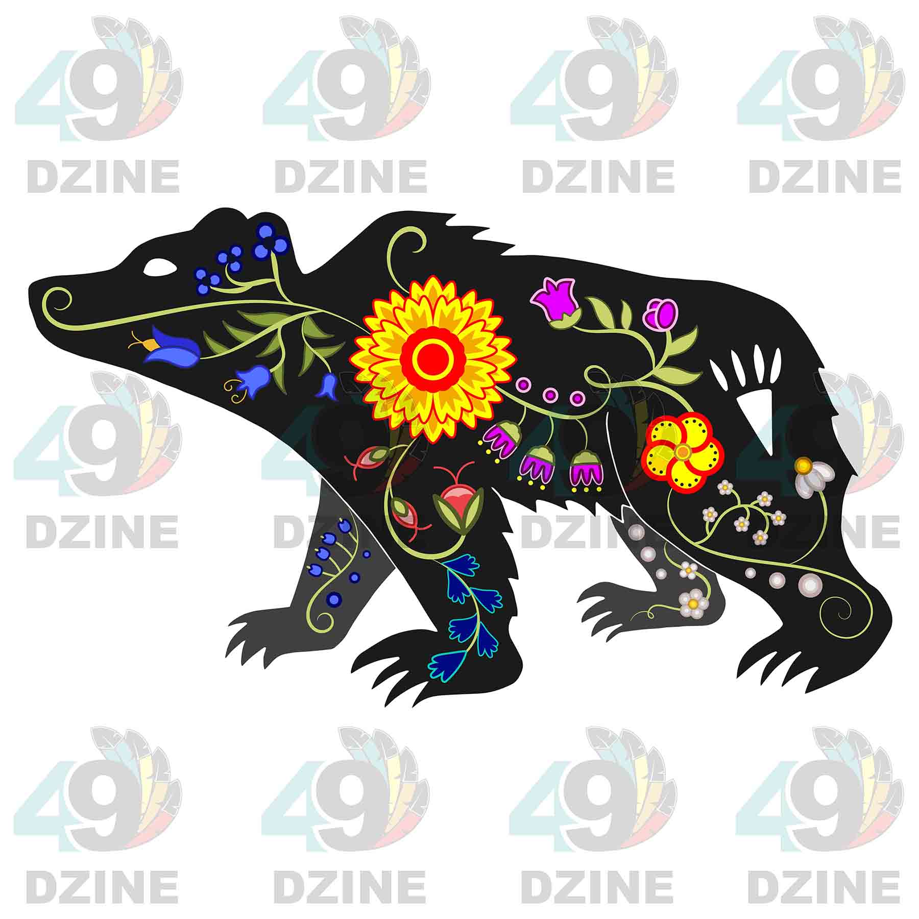 Floral Bear Walk Black Sticker