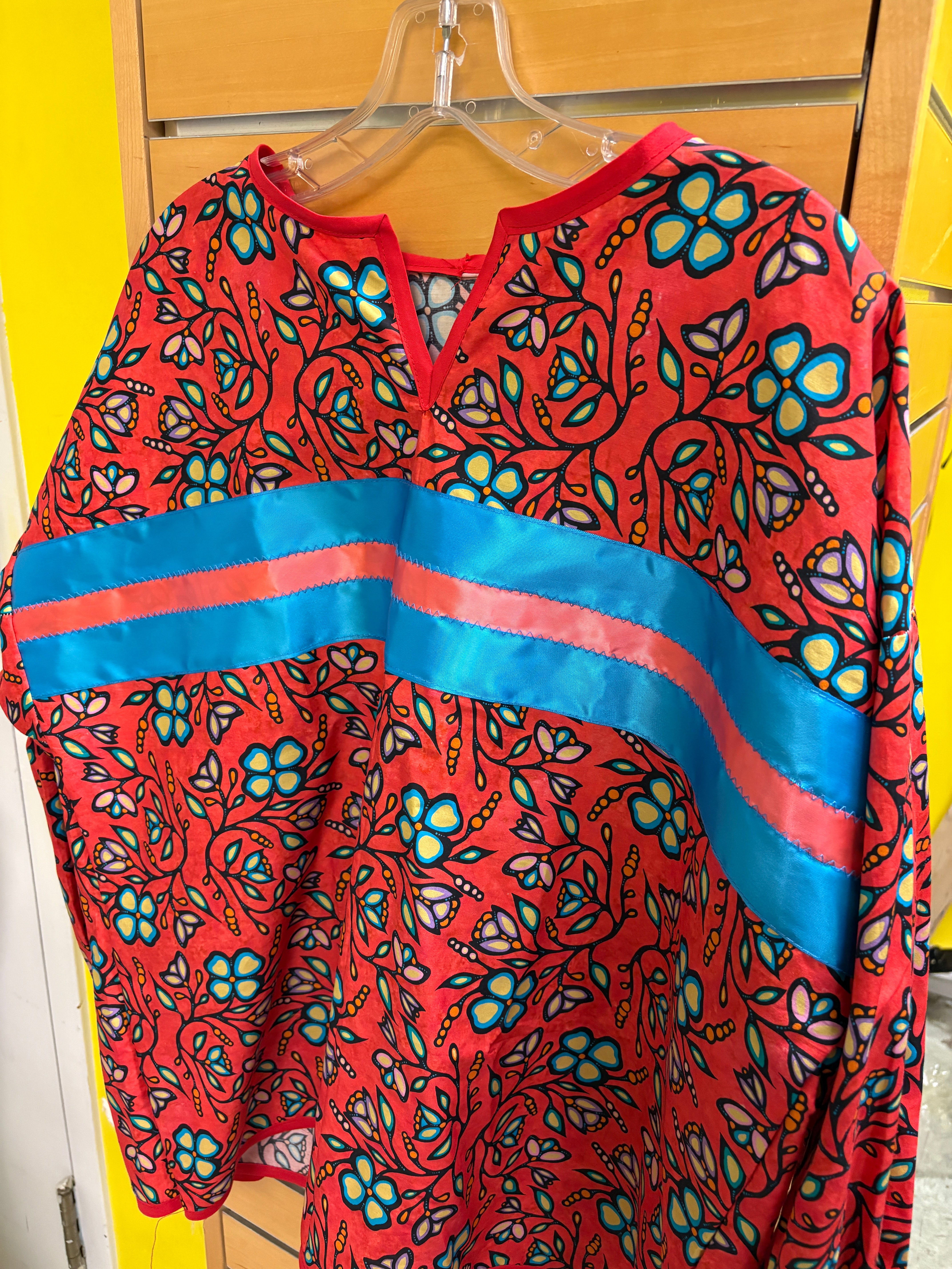 Handmade Ribbon Shirt Orange Jackie Traverse Flowered w/ Blue & Pink Ribbons