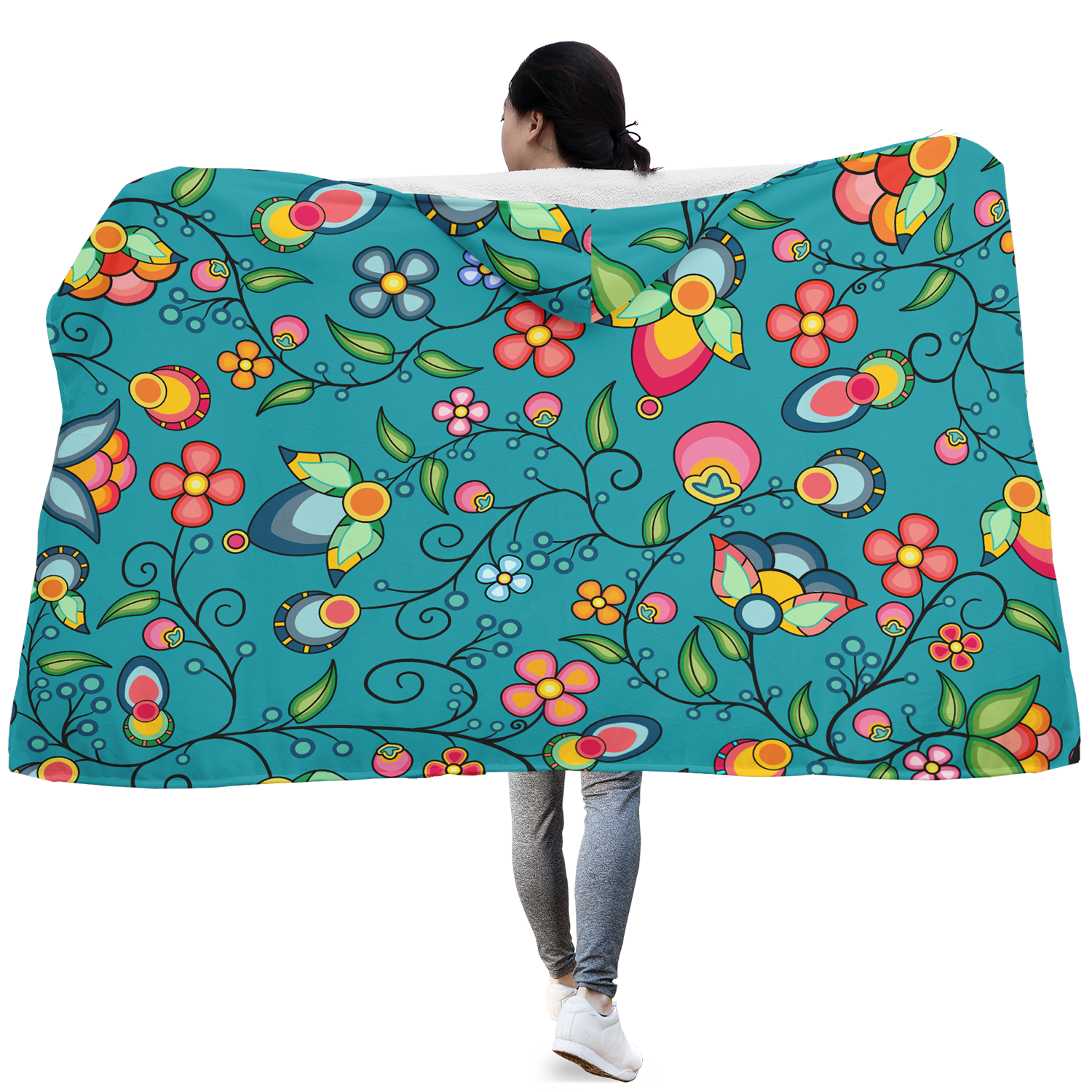 Floral Bounty Teal Hooded Blanket