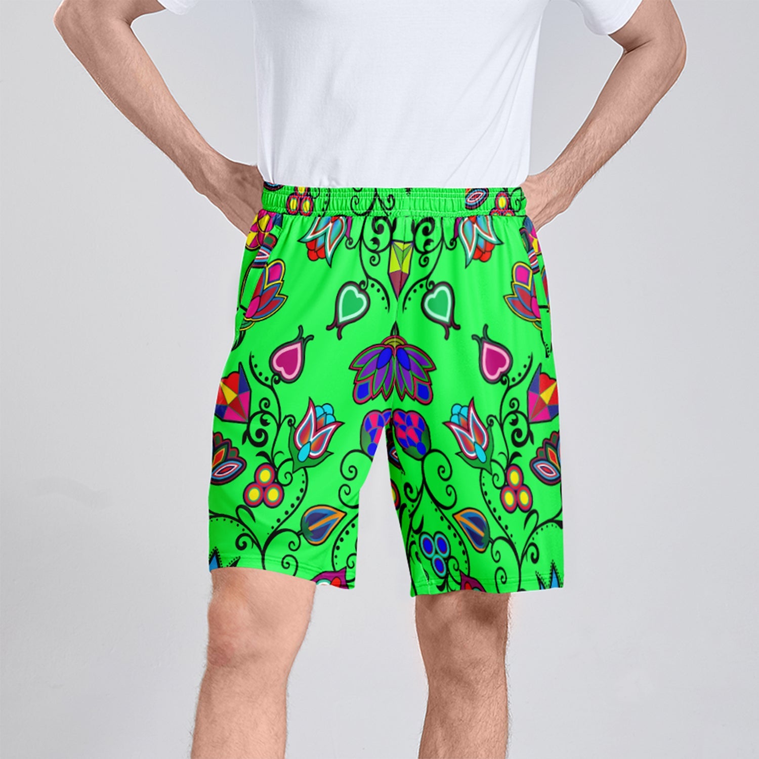 Indigenous Paisley Green Athletic Shorts with Pockets