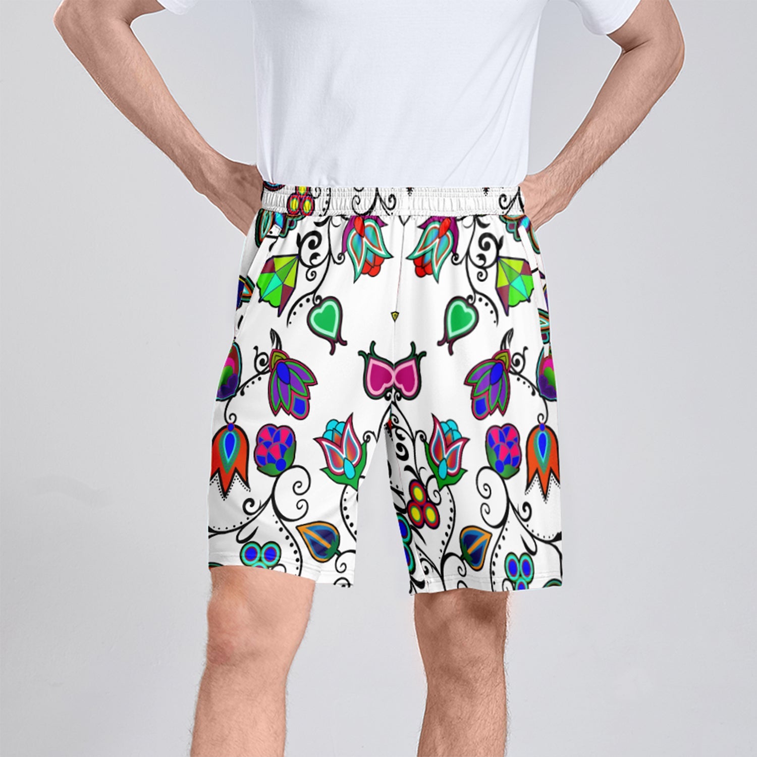 Indigenous Paisley White Athletic Shorts with Pockets