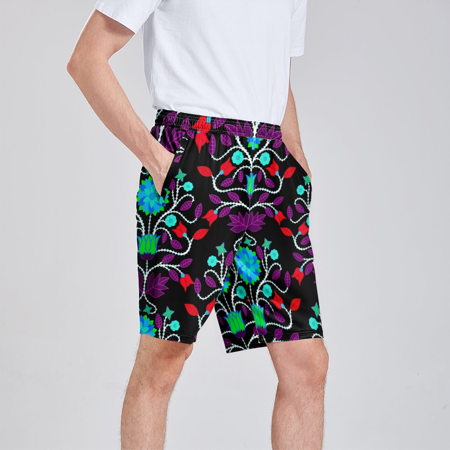 Floral Beadwork Four Clans Winter Athletic Shorts with Pockets