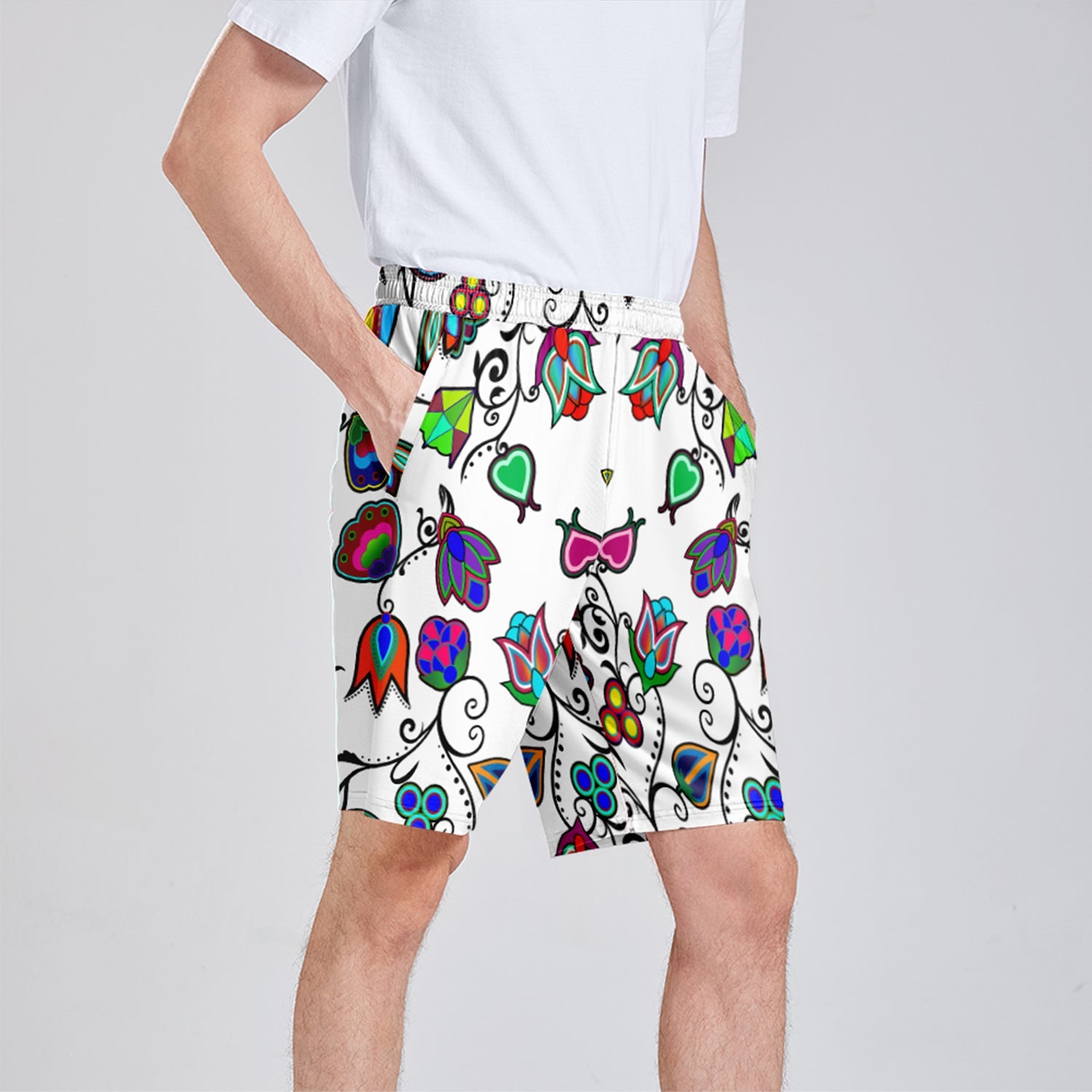 Indigenous Paisley White Athletic Shorts with Pockets