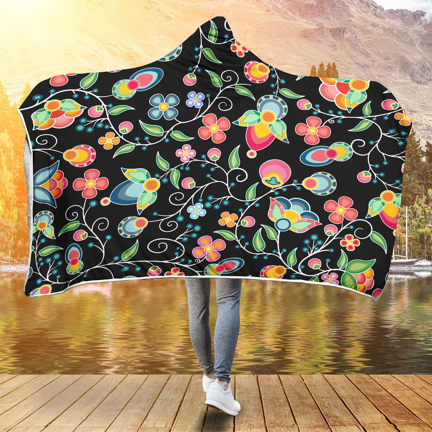 Floral Bounty Black Hooded Blanket