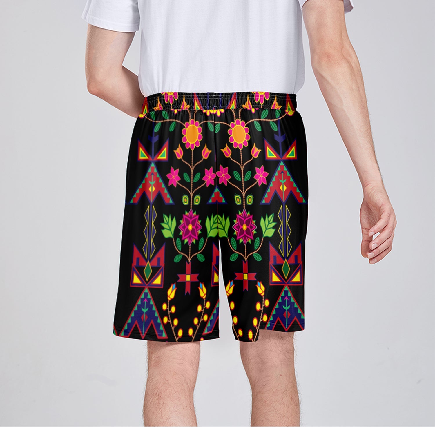 Geometric Floral Spring Black Athletic Shorts with Pockets