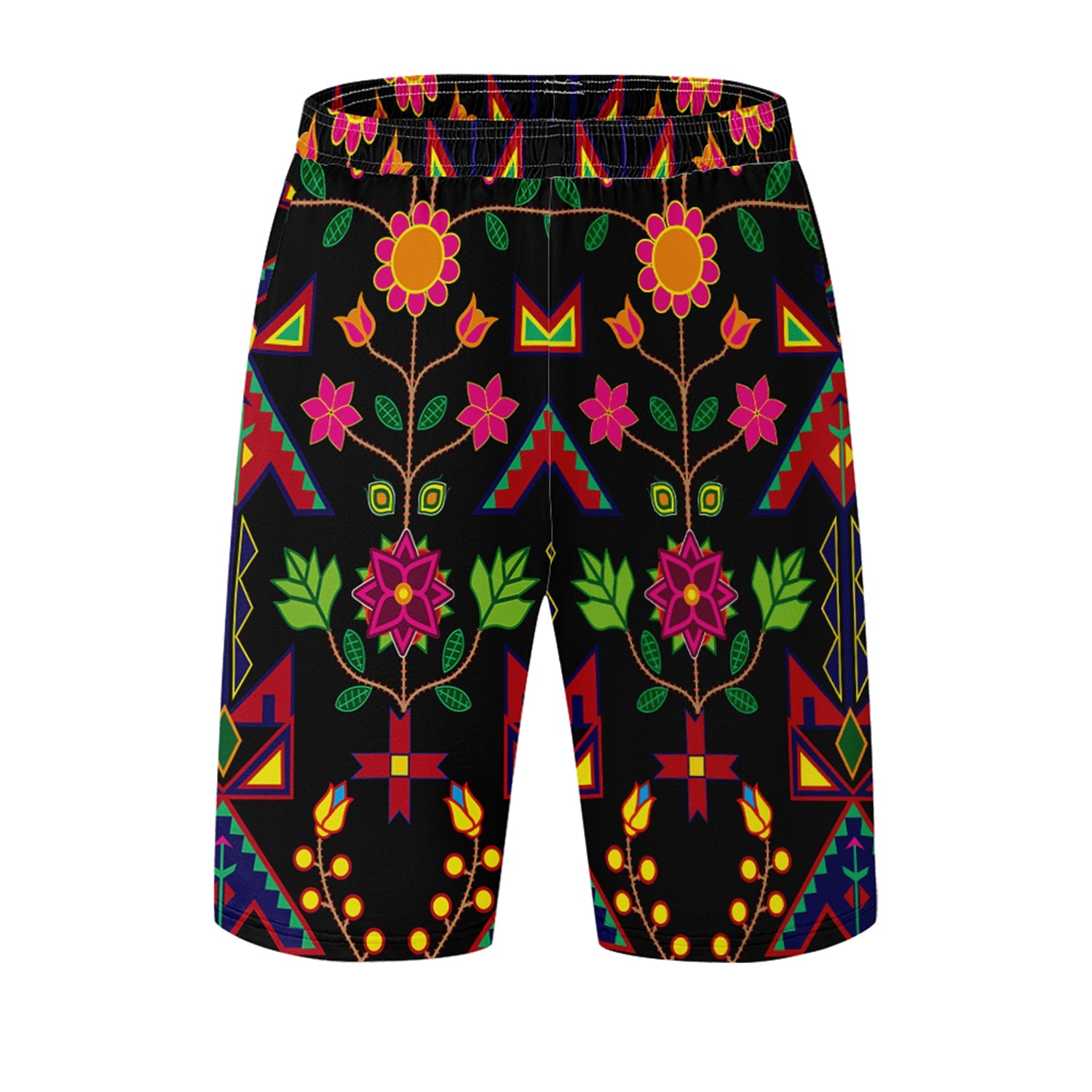 Geometric Floral Spring Black Athletic Shorts with Pockets