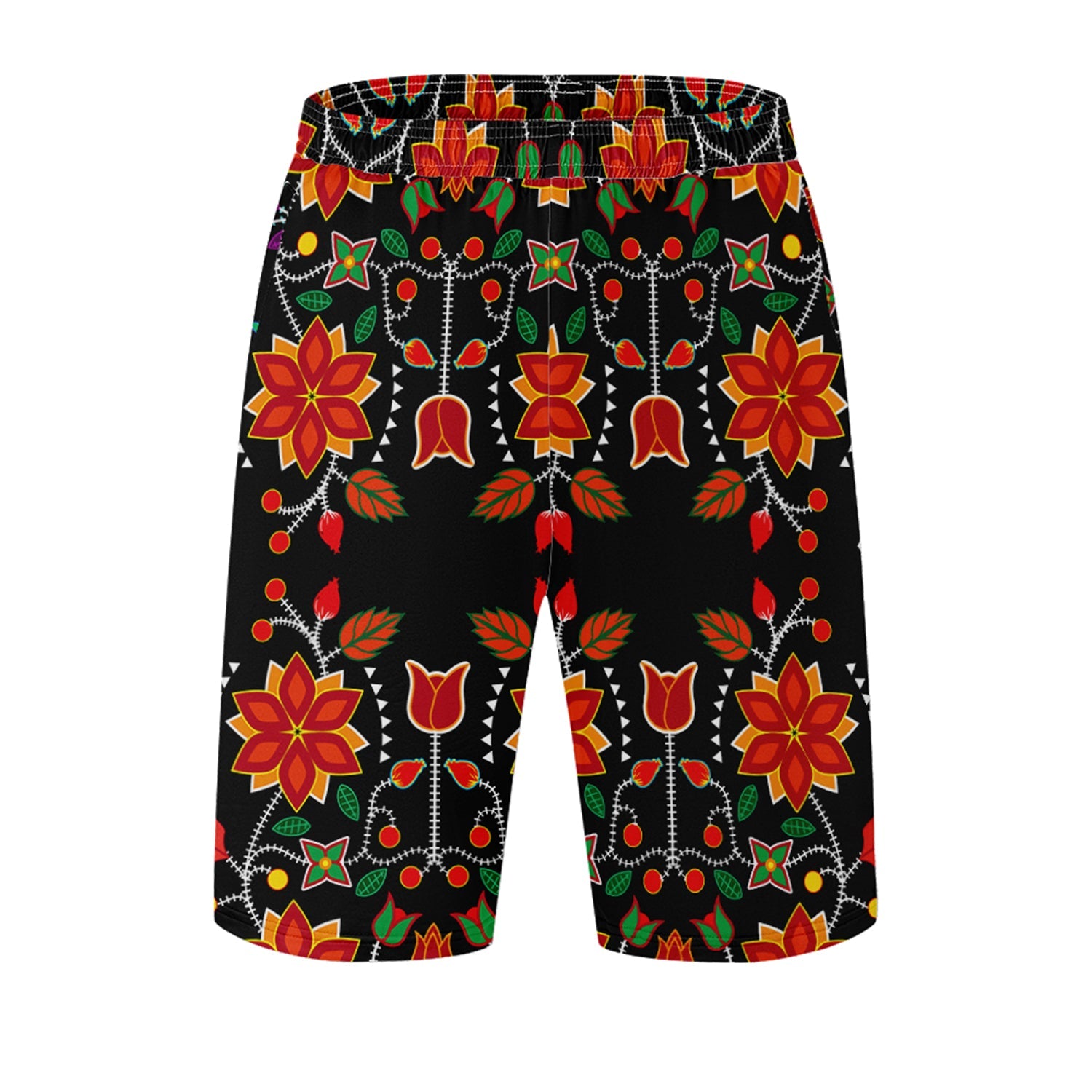 Floral Beadwork Six Bands Athletic Shorts with Pockets