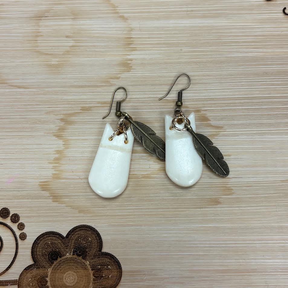 Mikey Runningbird Copper Feather Elk Teeth Earrings