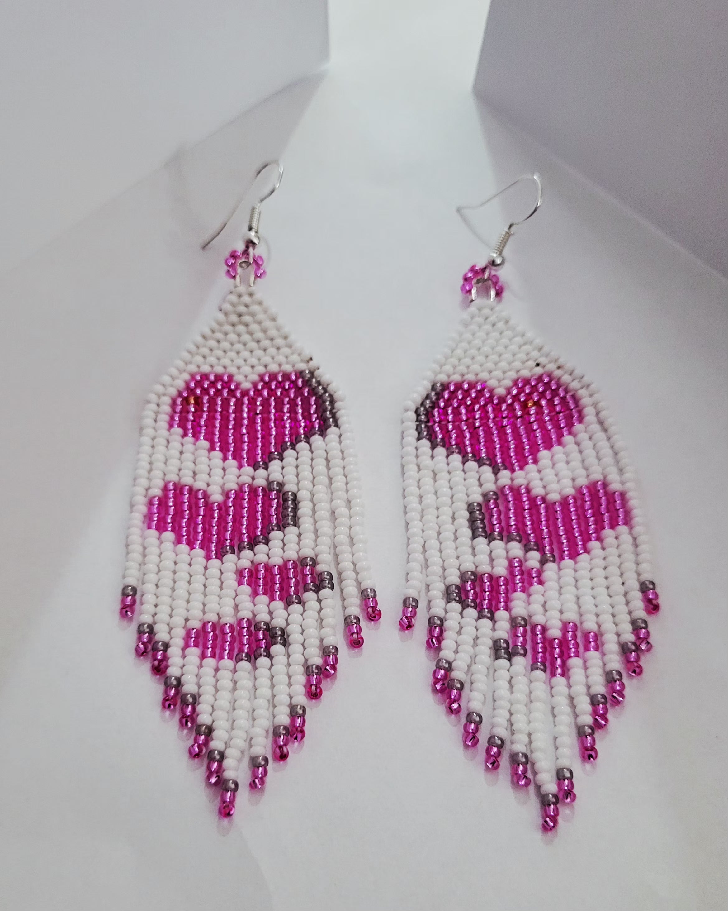 Danielle Redgun White with Pink Heart Fringe Earrings