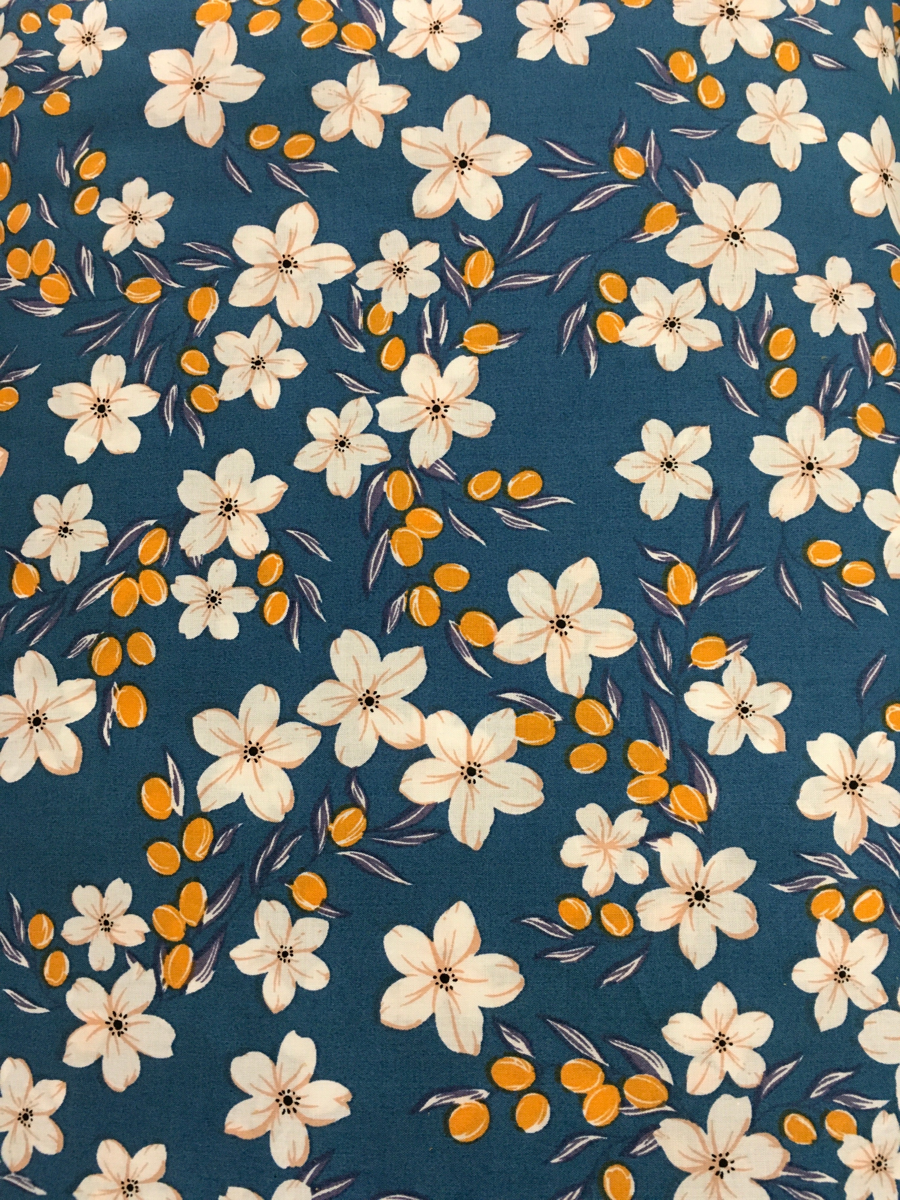 White Yellow Floral Teal Background 56 inch Cotton Fabric