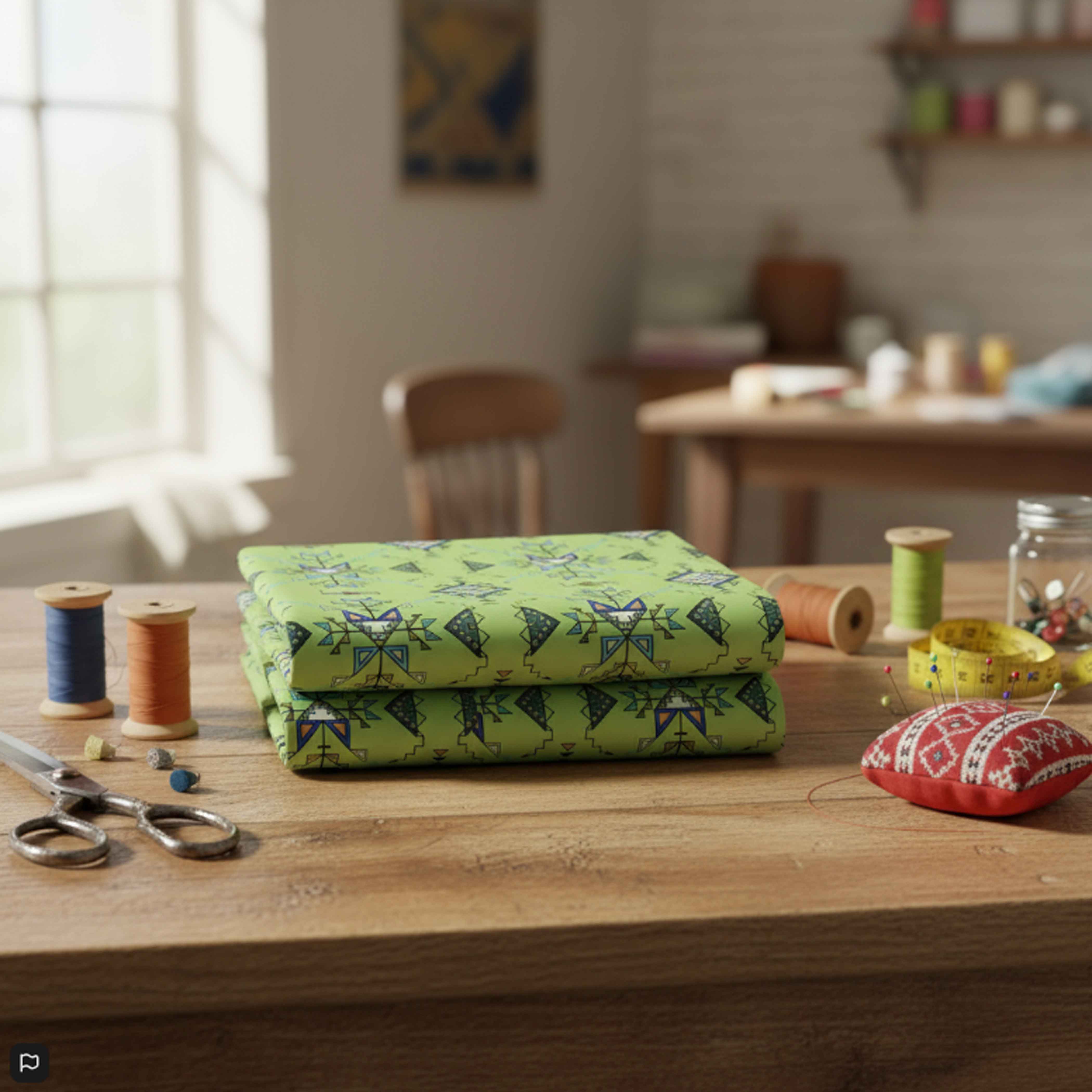 Bear Shield Green Cotton Poplin