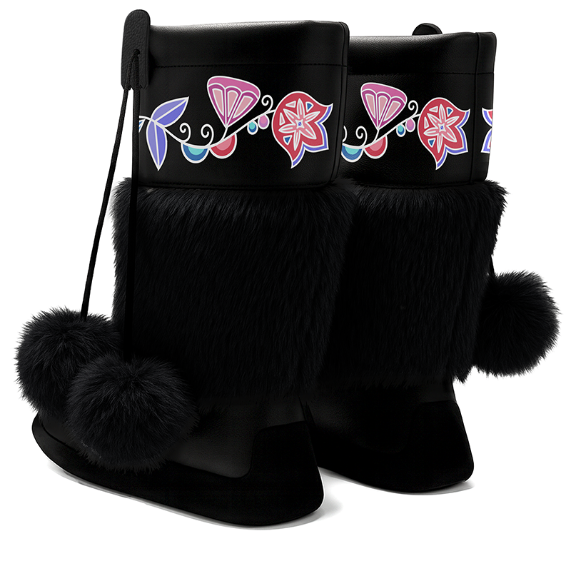 Frost Flower Circle Real Black Leather MocLux Calf with Fur