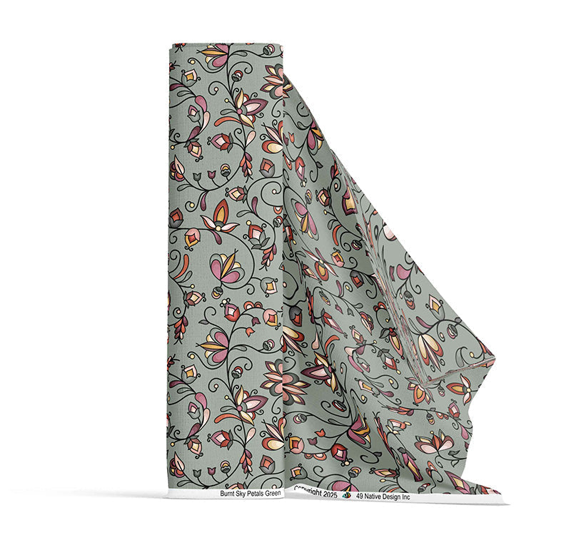 Burnt Sky Petals Green Satin Fabric