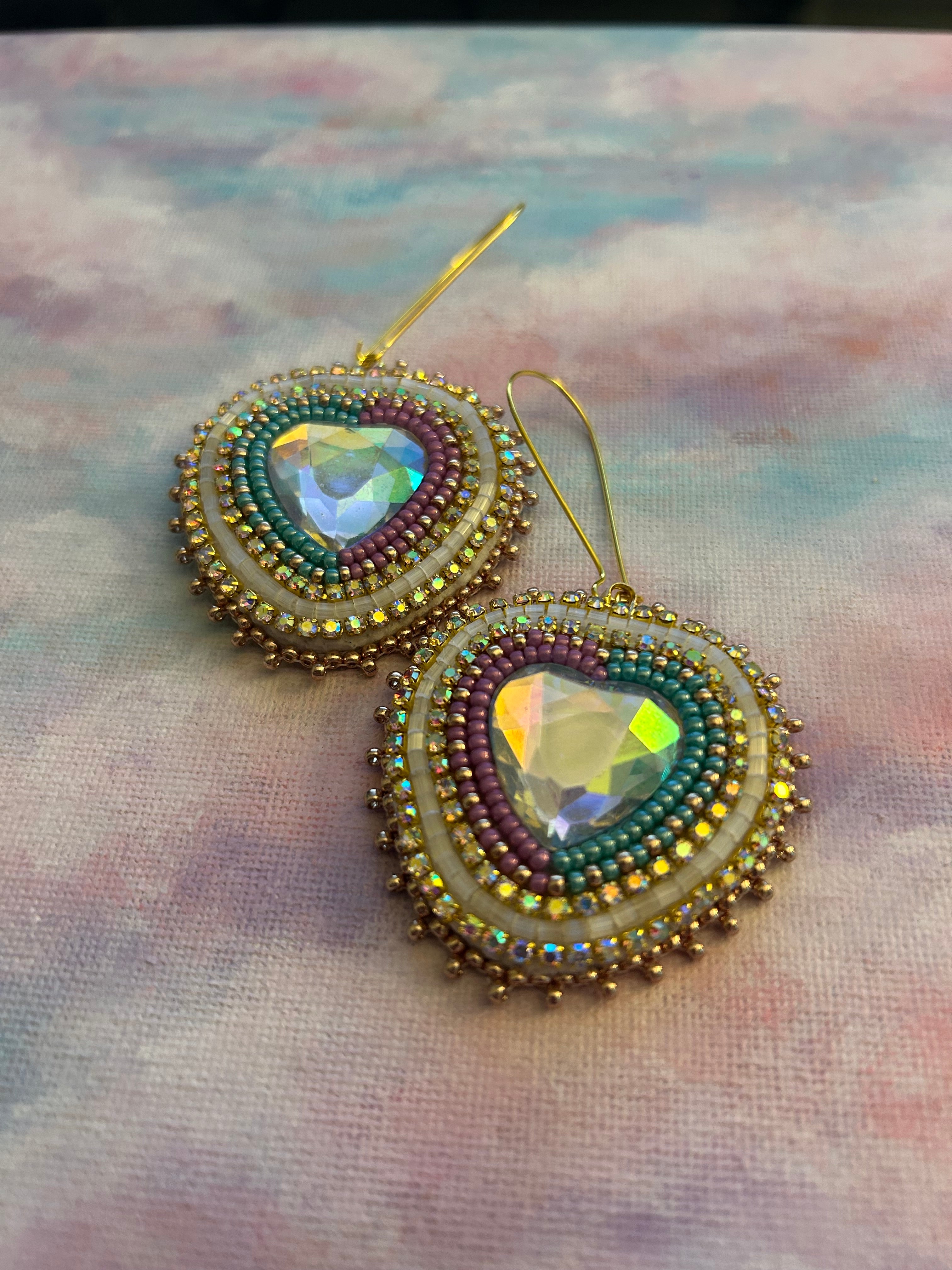 Karin Moen Purple Teal Sparkly Heart Earrings