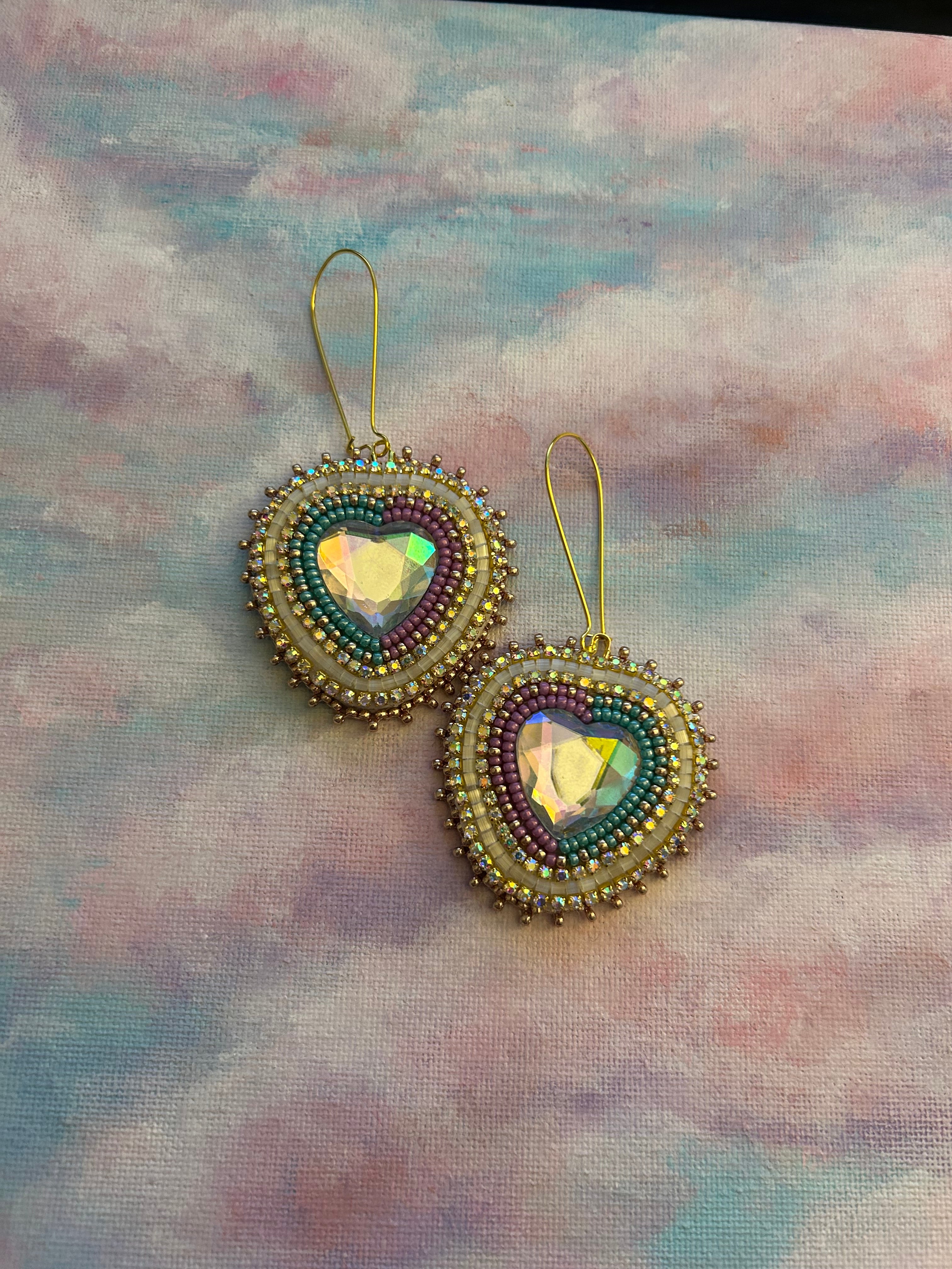 Karin Moen Purple Teal Sparkly Heart Earrings
