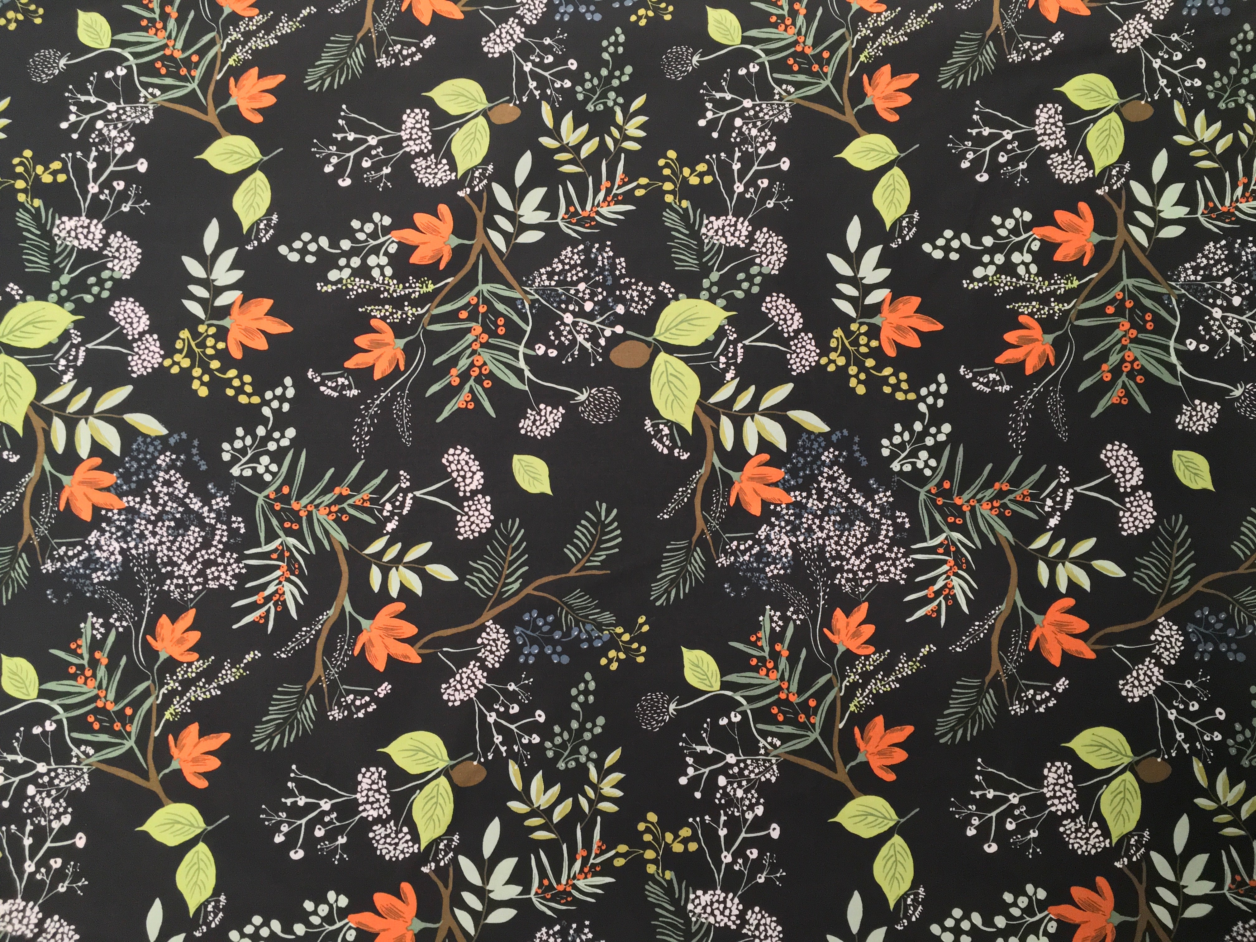 Painted Forest Floral and Berries Black Background 56 inch Cotton Fabric