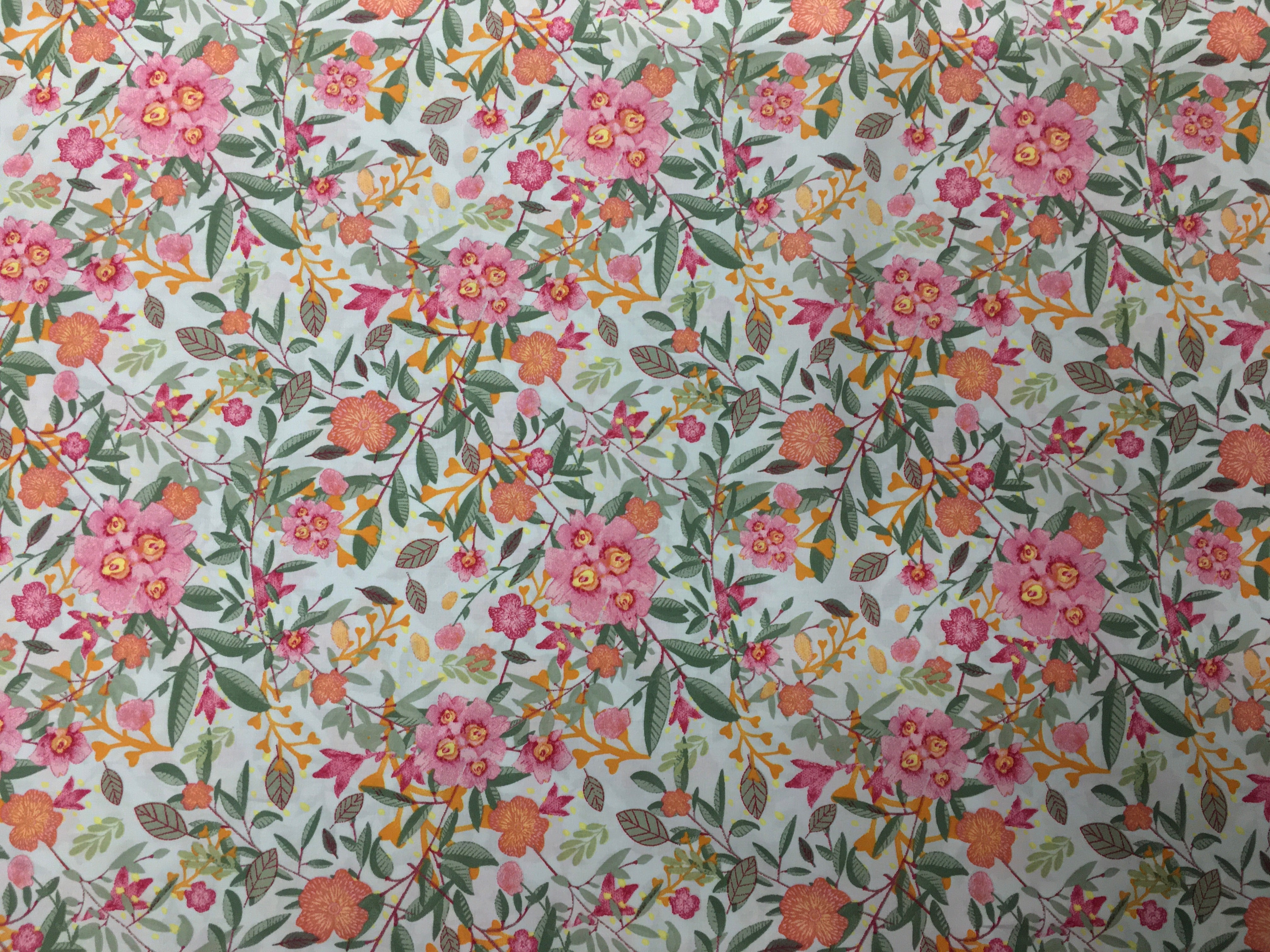 Pink Flowers and Orange Spring Flowers White Background 56 inch Cotton Fabric