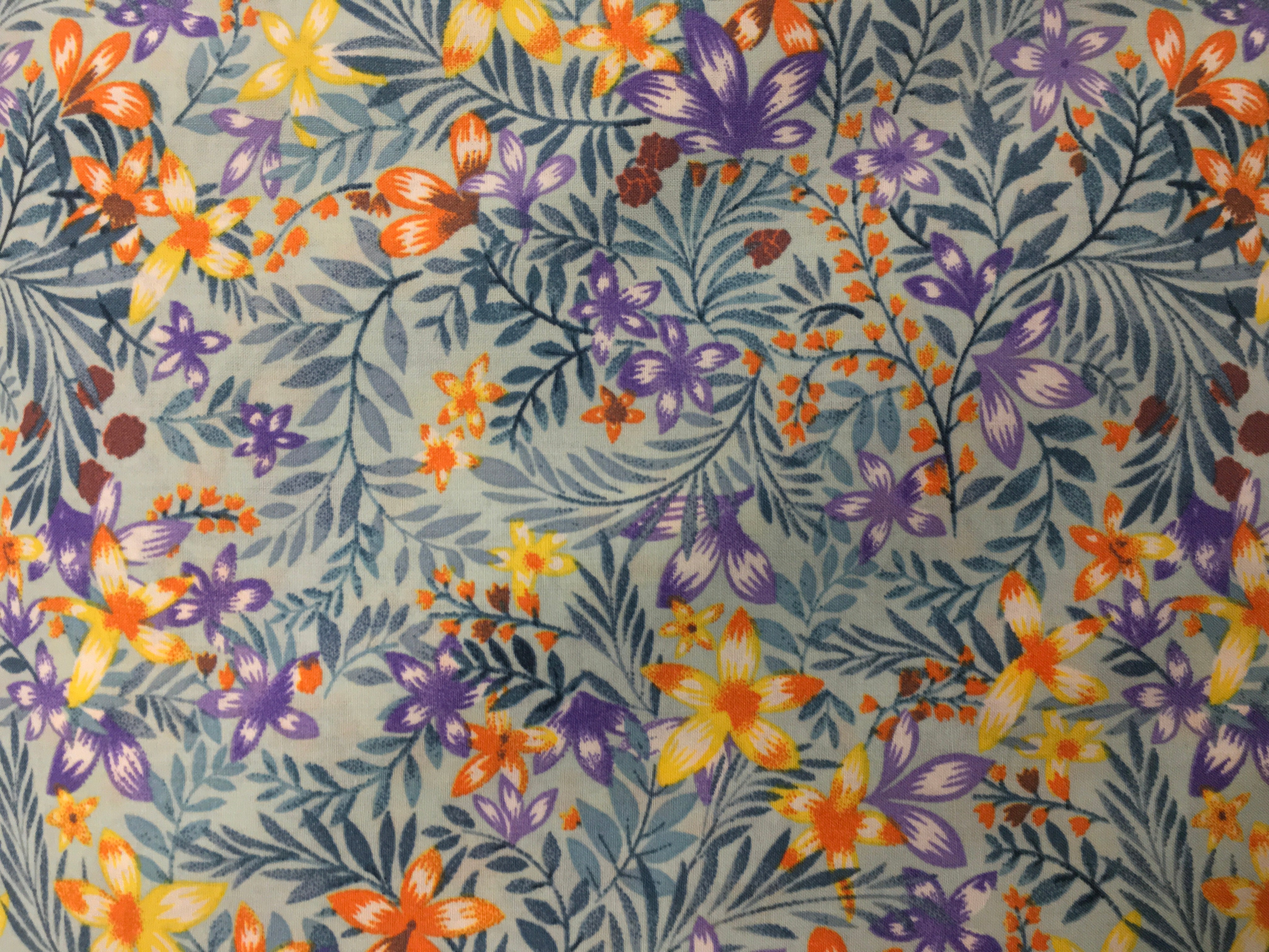 Orange and Blue Spring Flowers Teal Background 56 inch Cotton Fabric