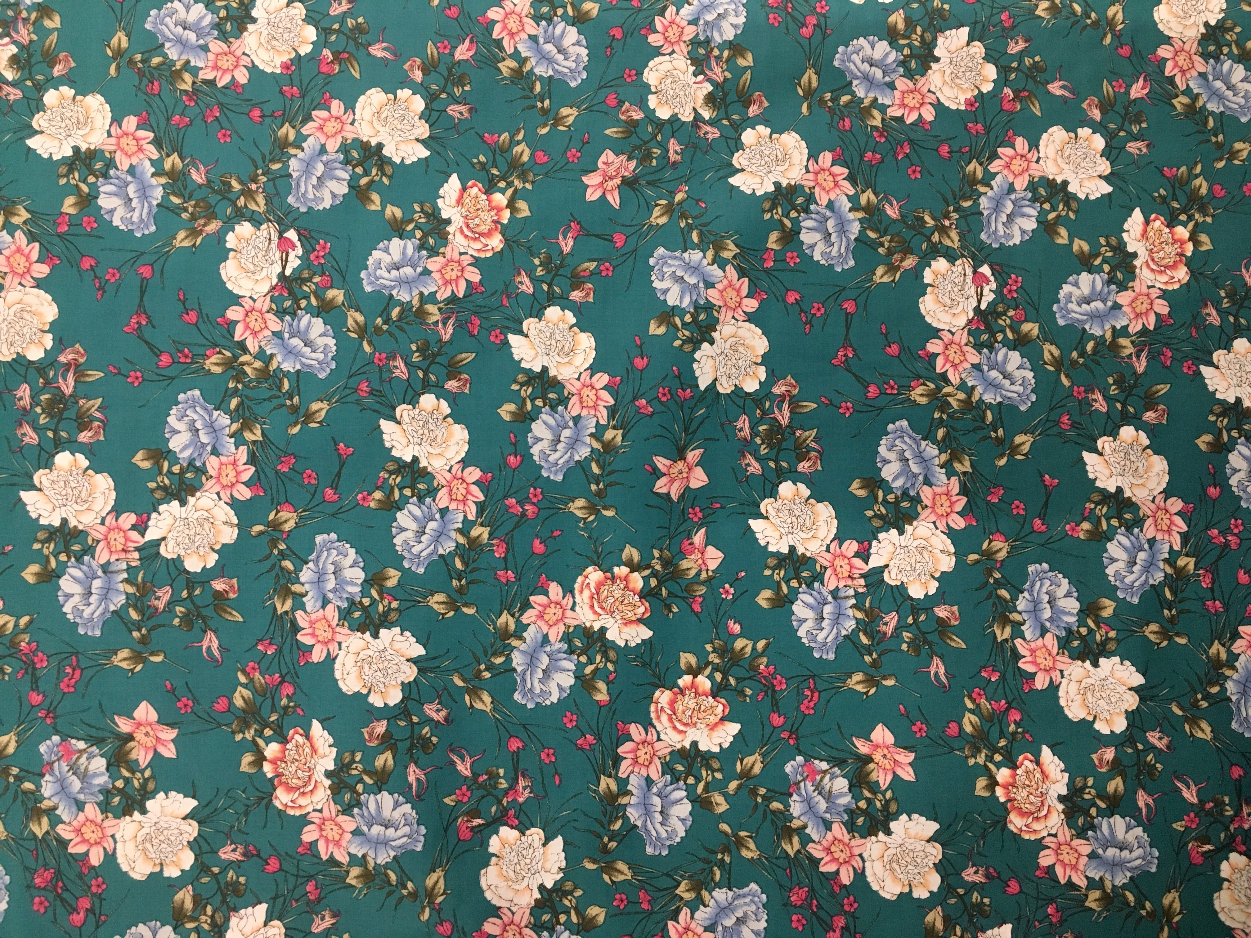 Light Blue Pink Pearl White Flowers Turquoise Background 56 inch Cotton Fabric