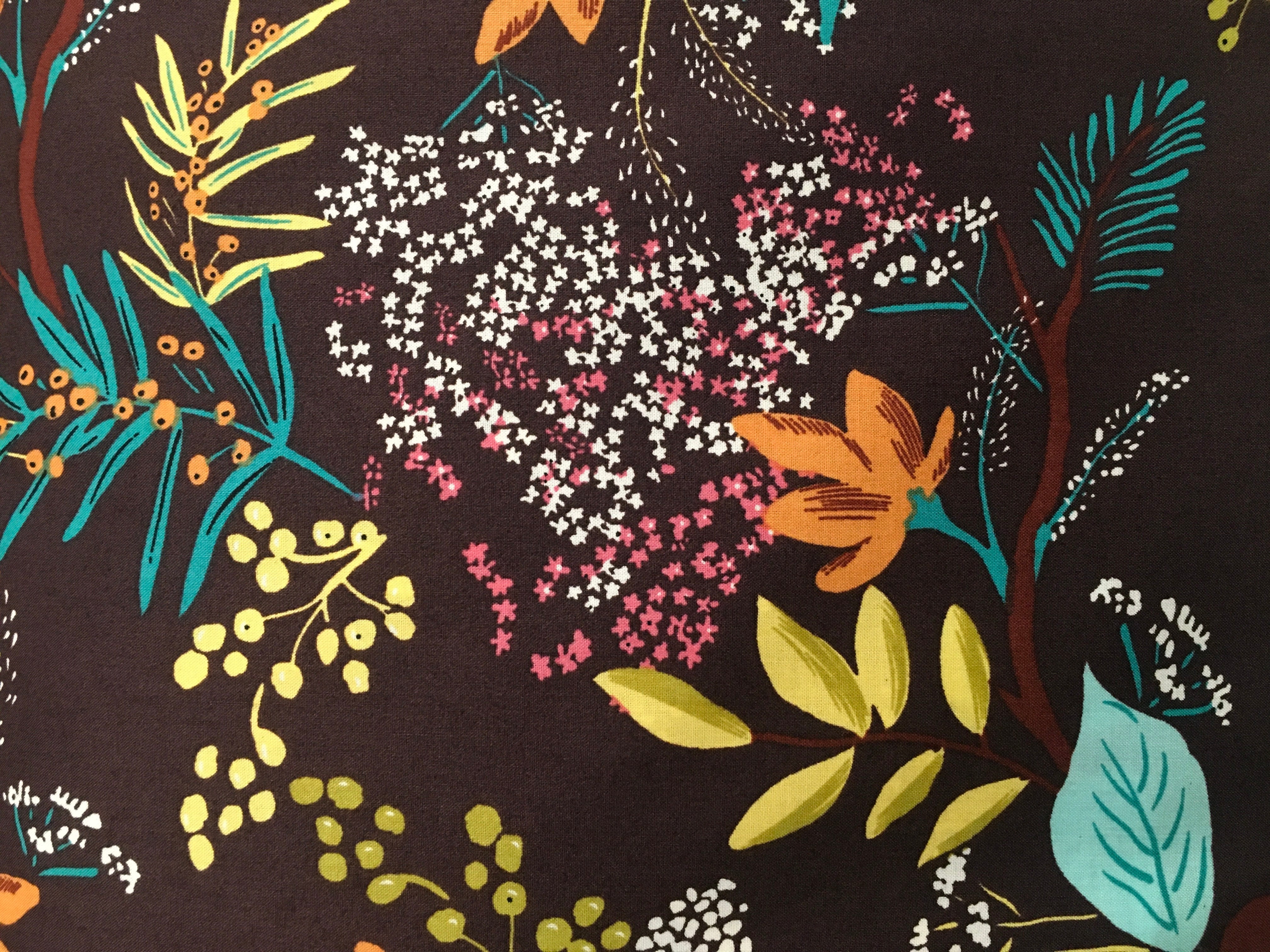 Painted Floral Flowers Dark Brown Background 56 inch Cotton Fabric