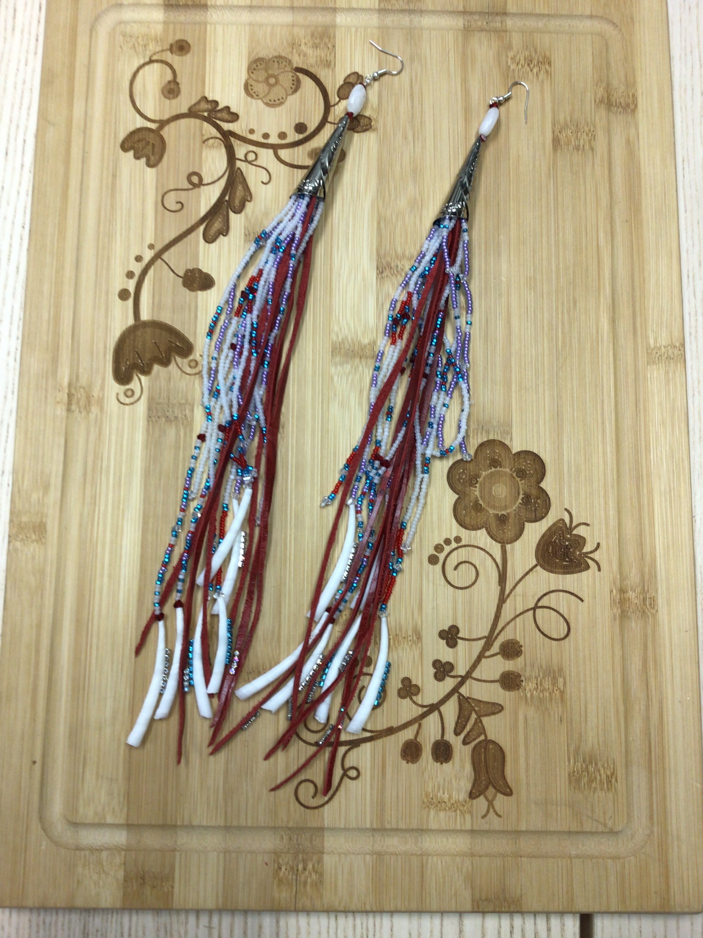 Red Leather dentalium Fringe earrings