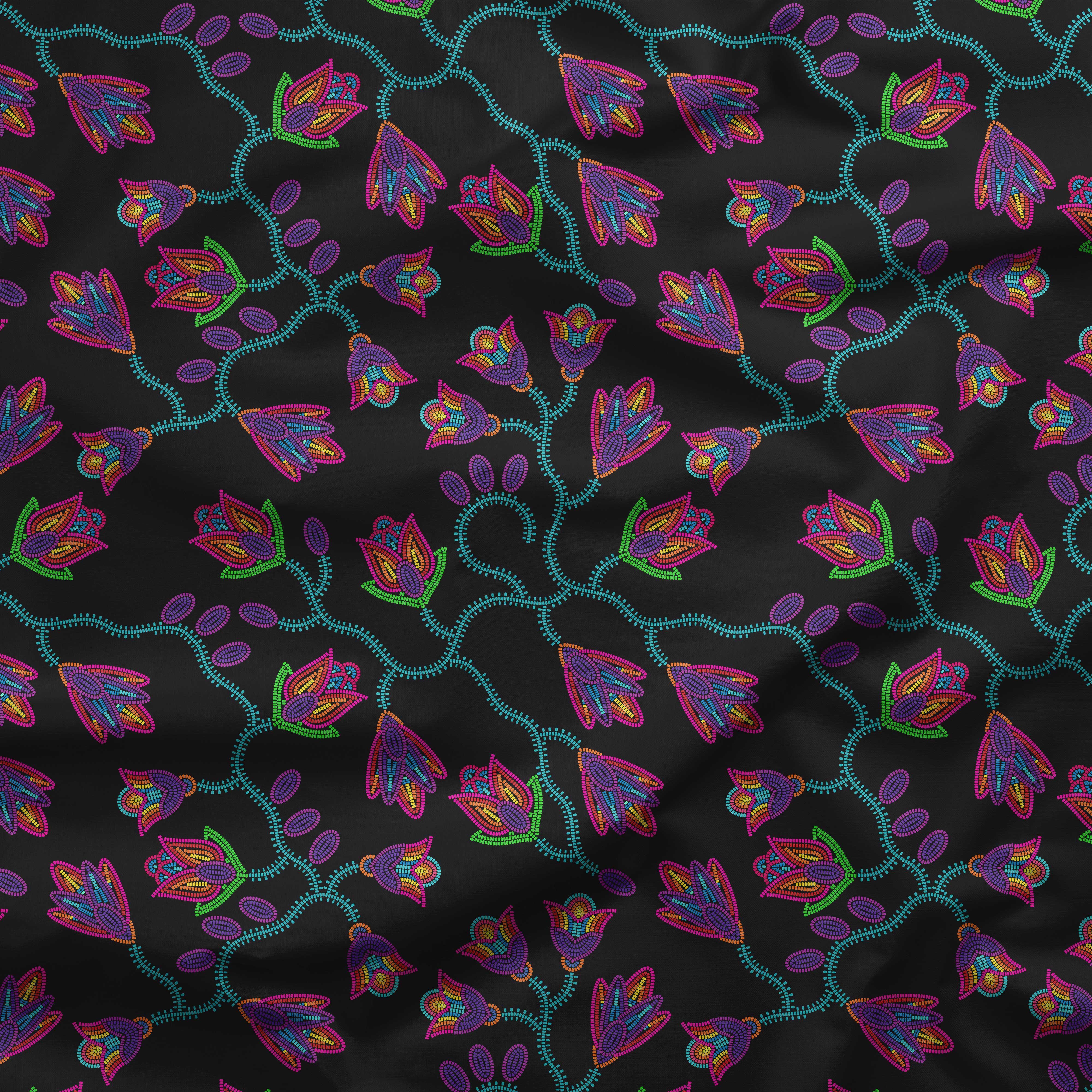 Spring Blossoms on Black Satin Fabric By the Yard