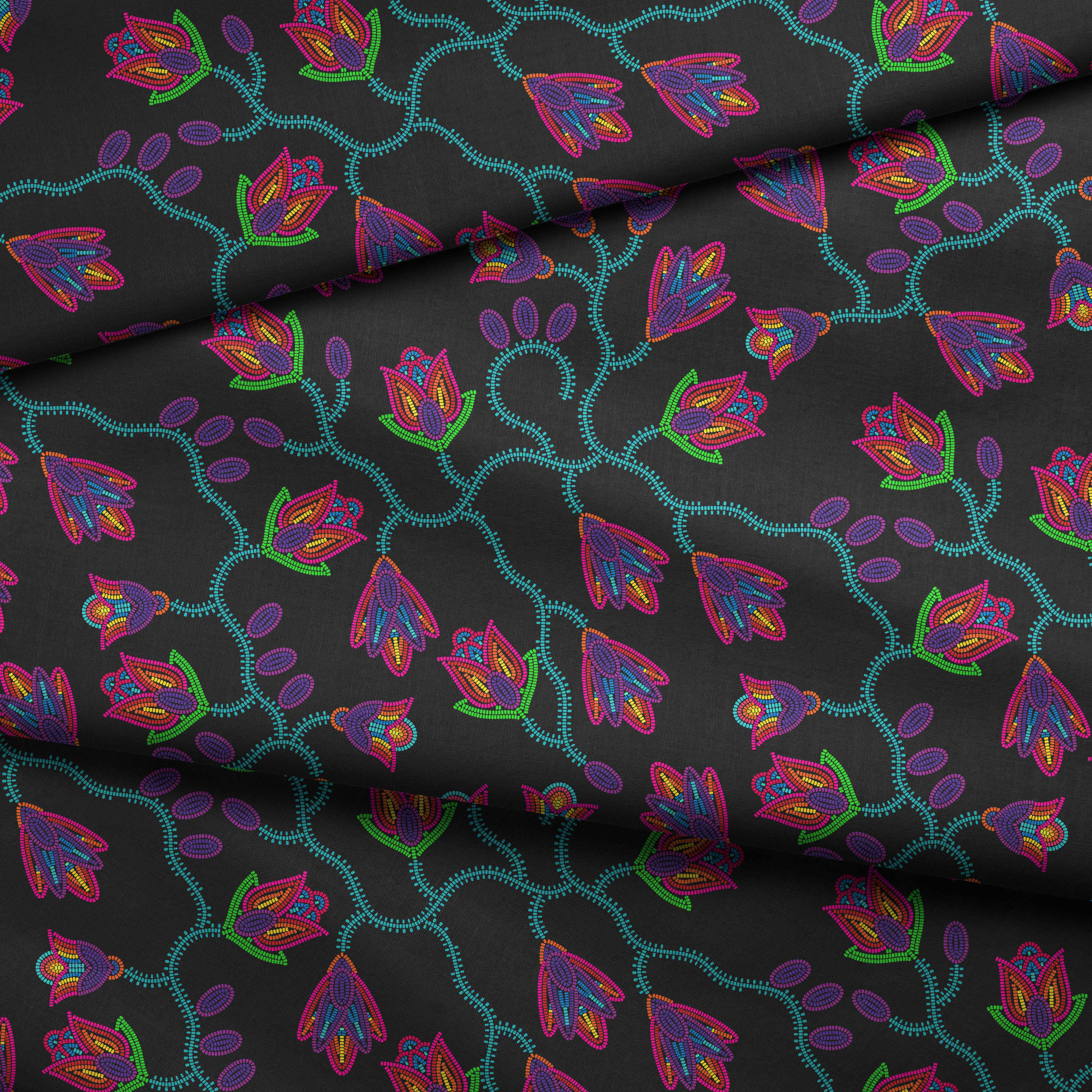 Spring Blossoms on Black Satin Fabric By the Yard