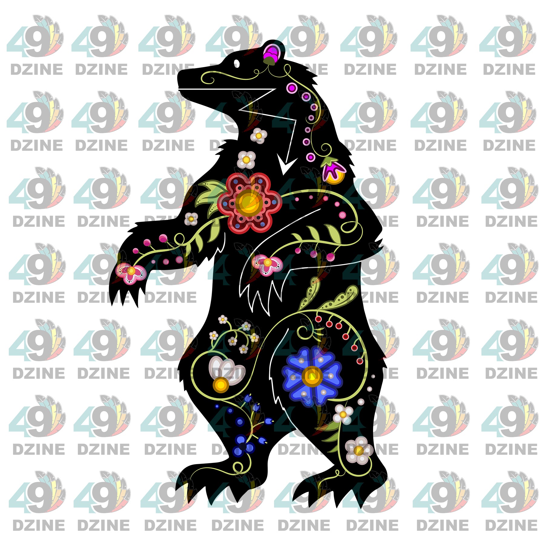 Floral Ledger Bear Standing Black UV Sticker