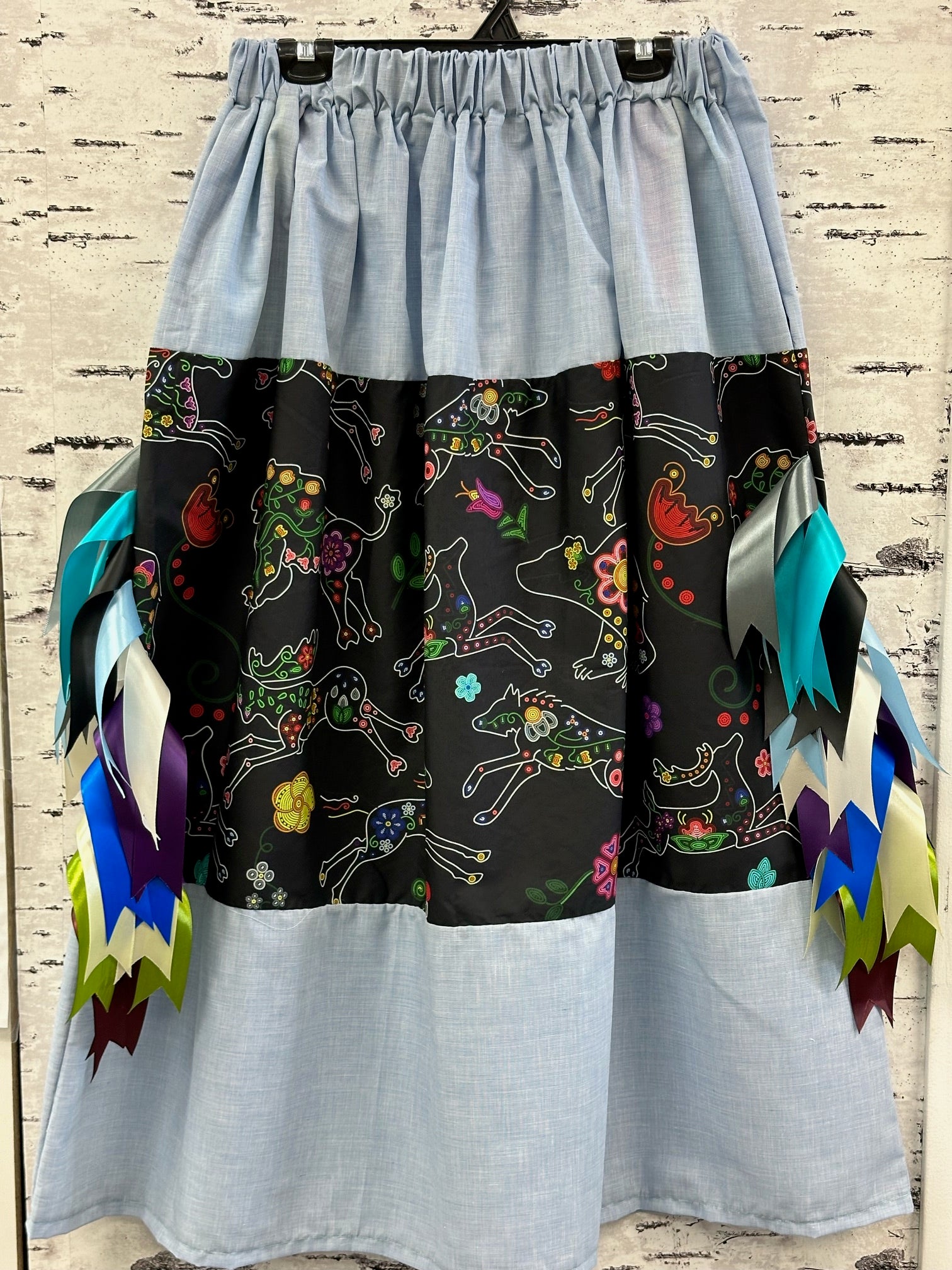 Blue Floral Beaded Animals Center Ribbon skirt