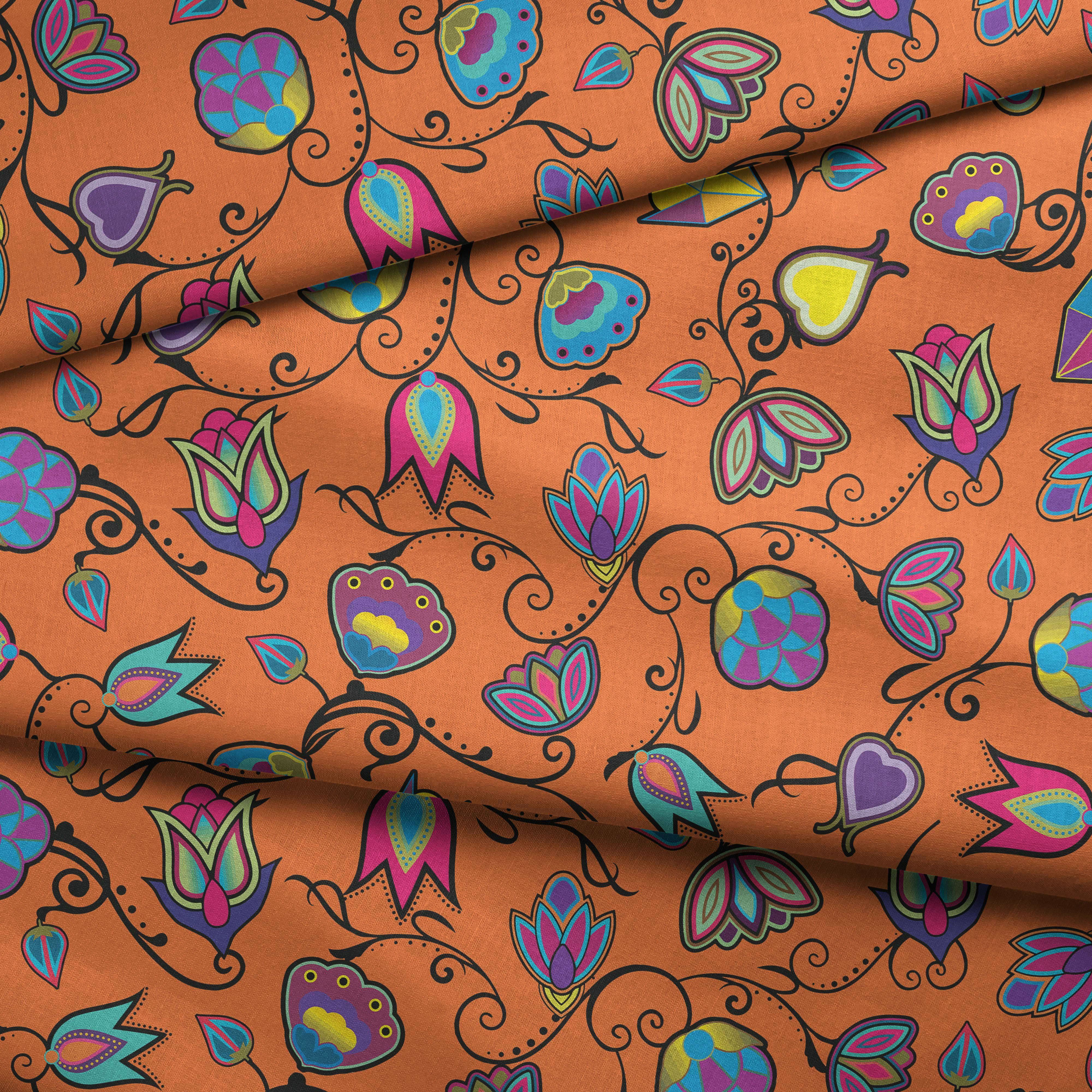 Indigenous Paisley Orange Satin Fabric by the Yard