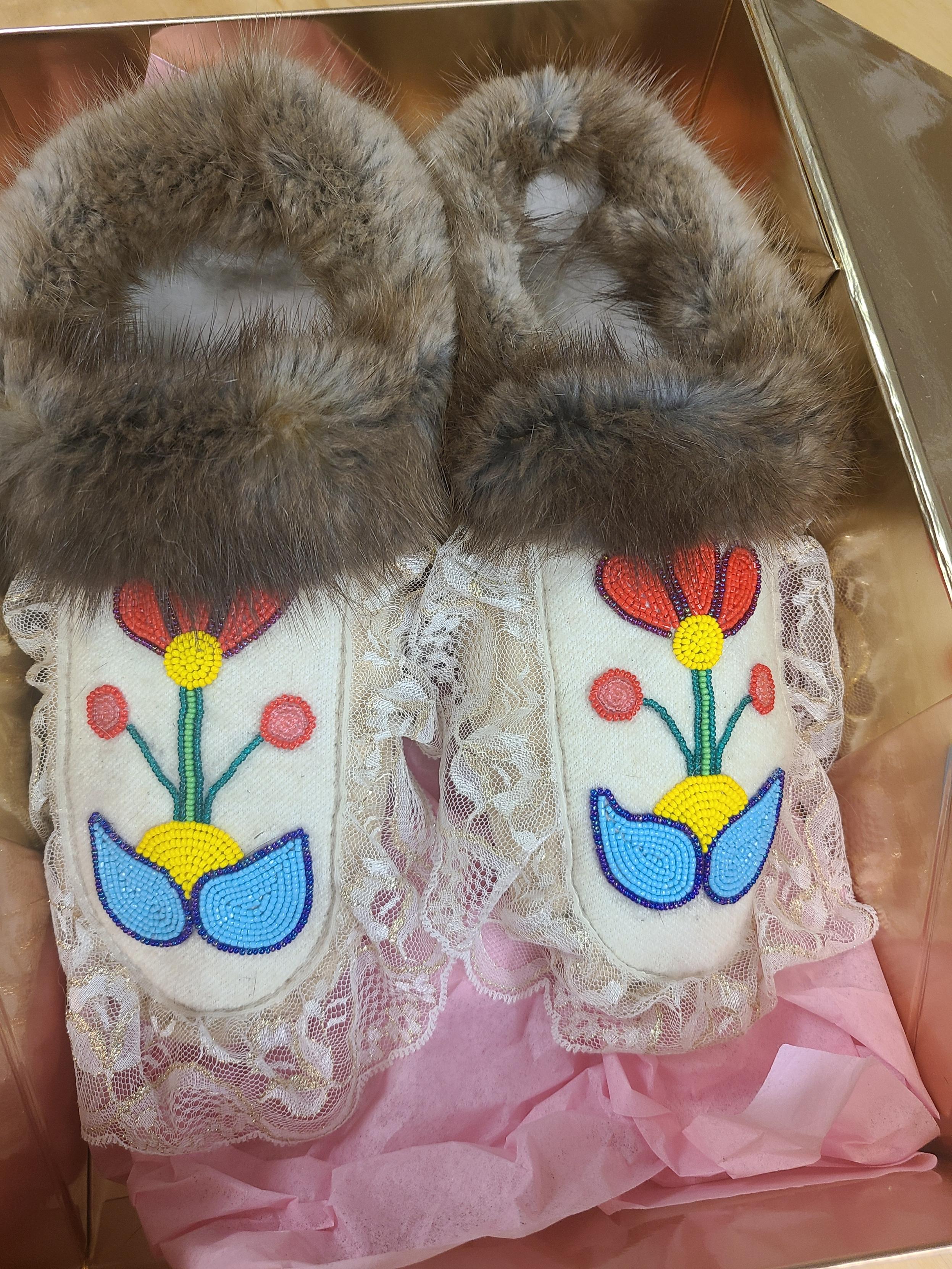 Kida Luttrell Floral Beadwork Beige Moose Hide Moccasins with Lace