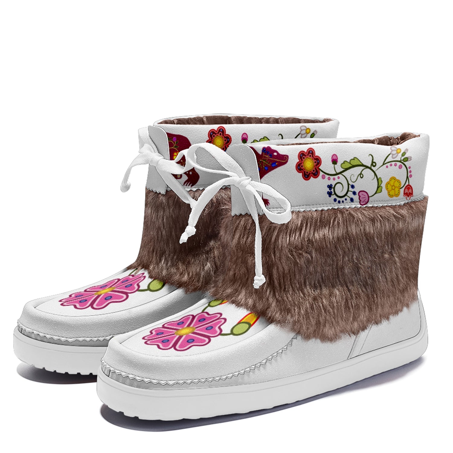 Floral Maskwa White Leather MocLux Short Style with Fur