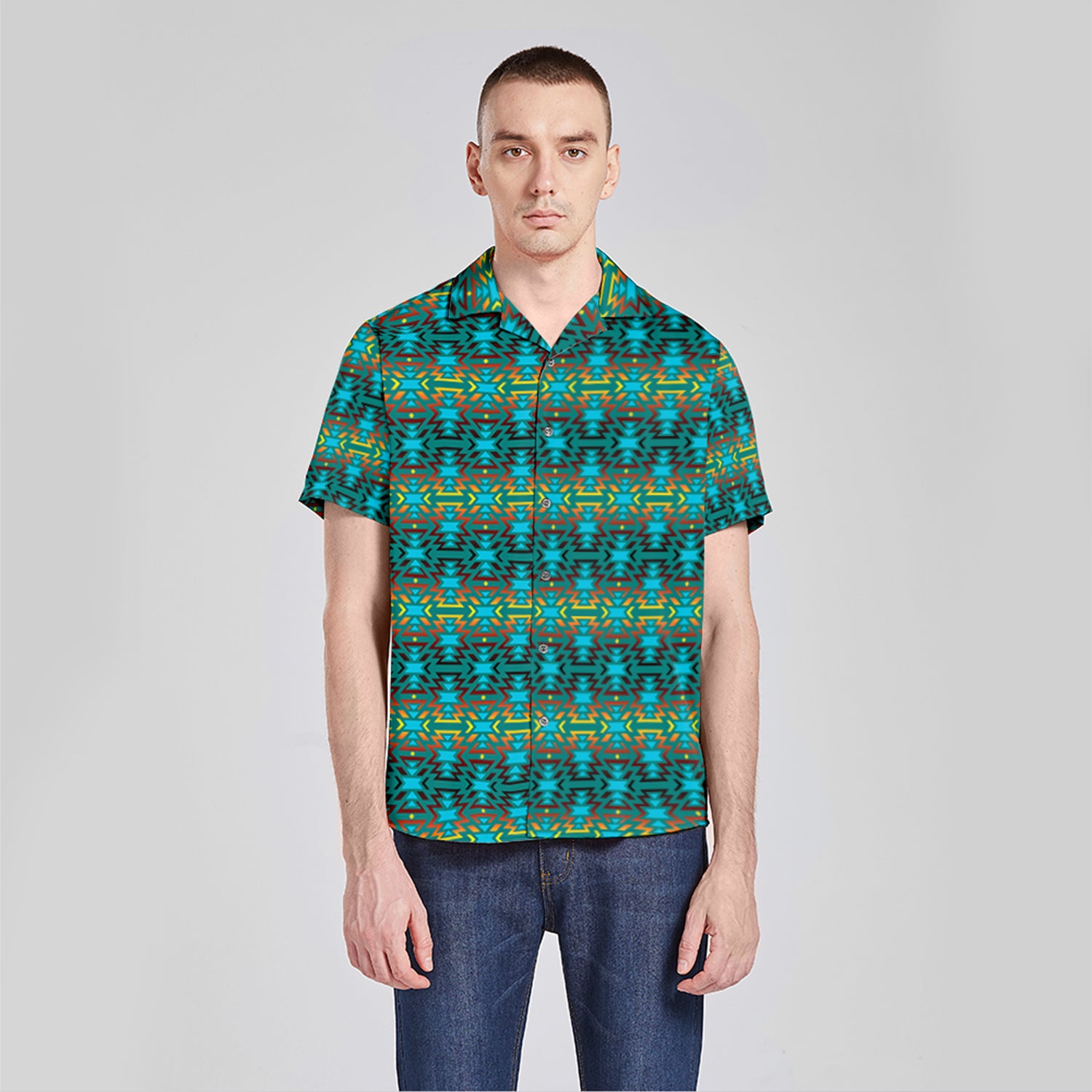 Fire Colors and Turquoise Teal Men's Casual Button Up Shirt
