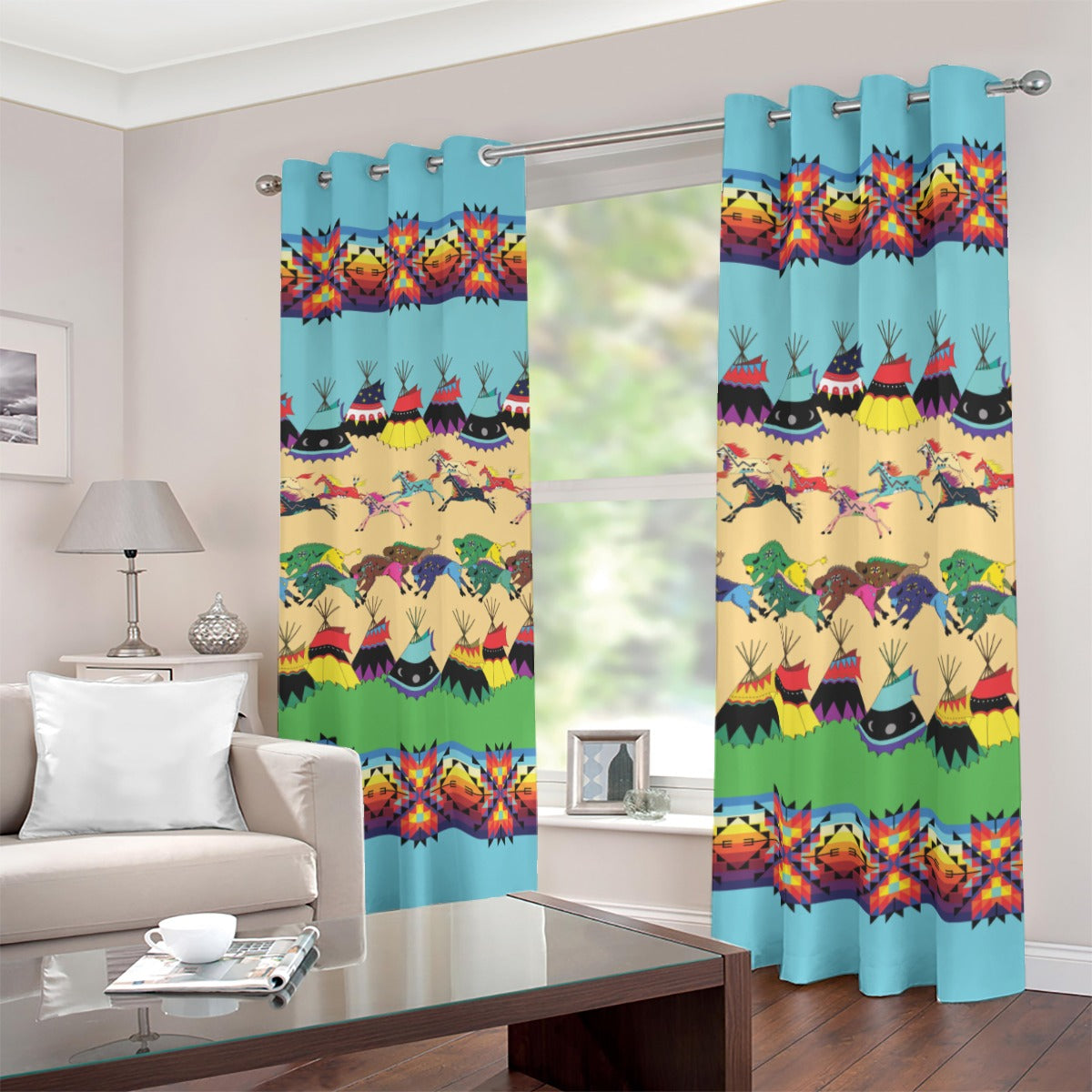 Horses and Buffalo Ledger Turquoise Window Blackout Curtain  (42 inch x 45 inch)