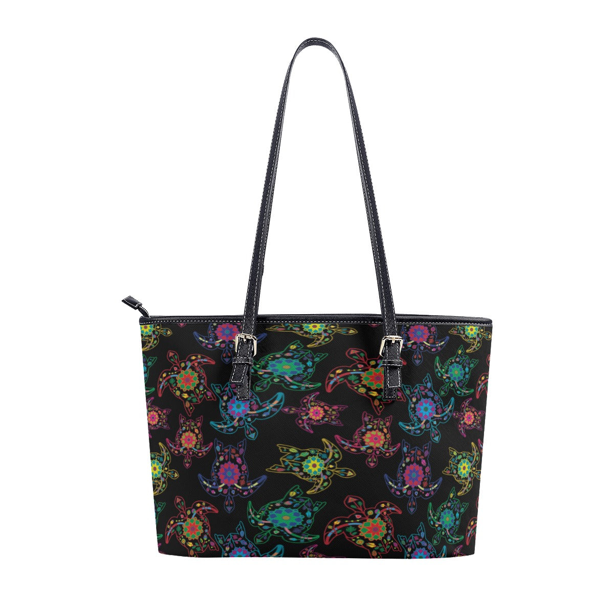 Neon Floral Turtles Tote Handbag