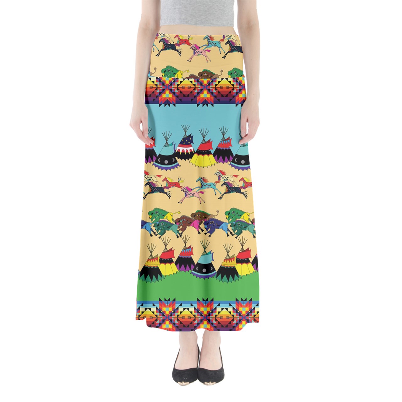 Prairie Bison with Horses Turquoise Full Length Maxi Skirt