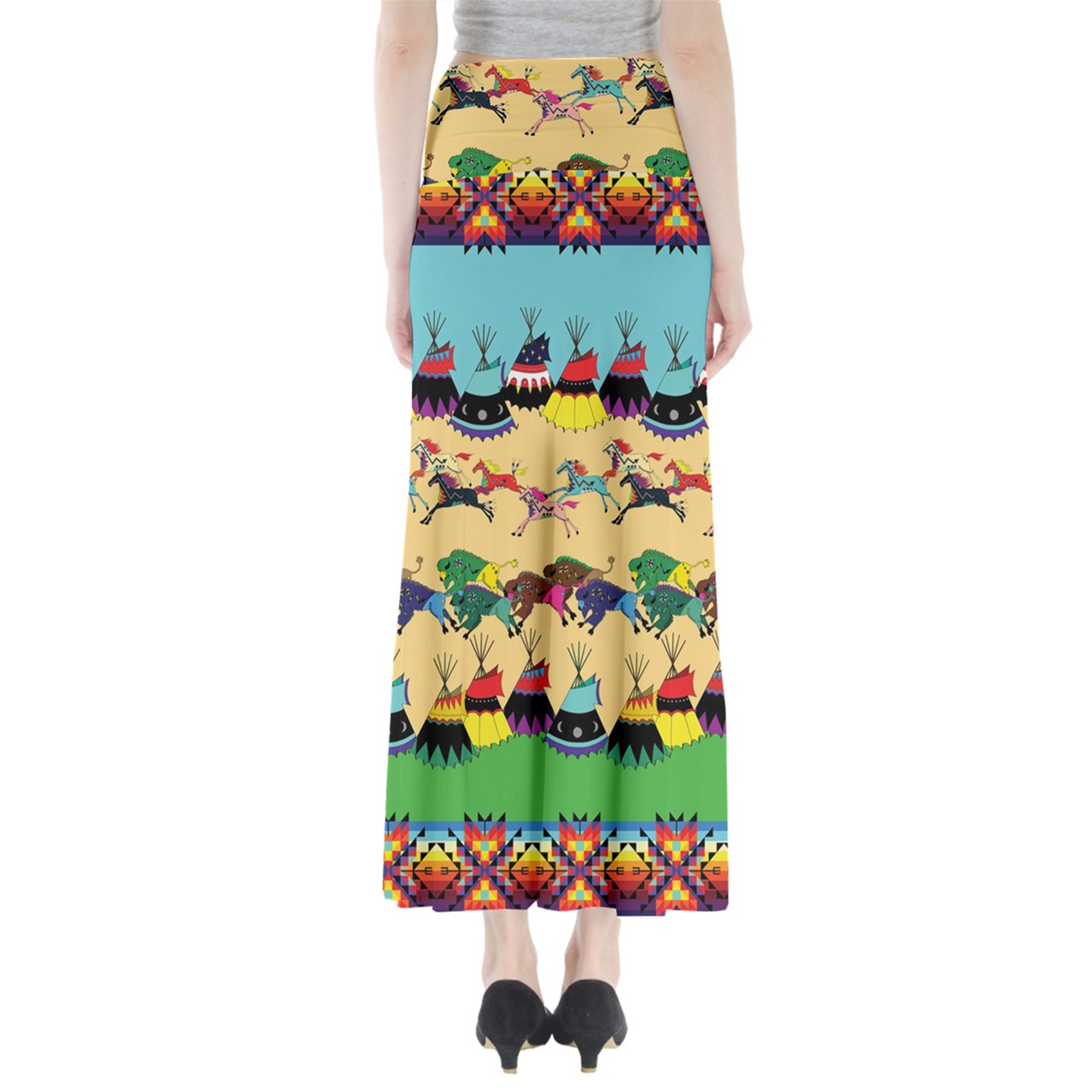 Prairie Bison with Horses Turquoise Full Length Maxi Skirt