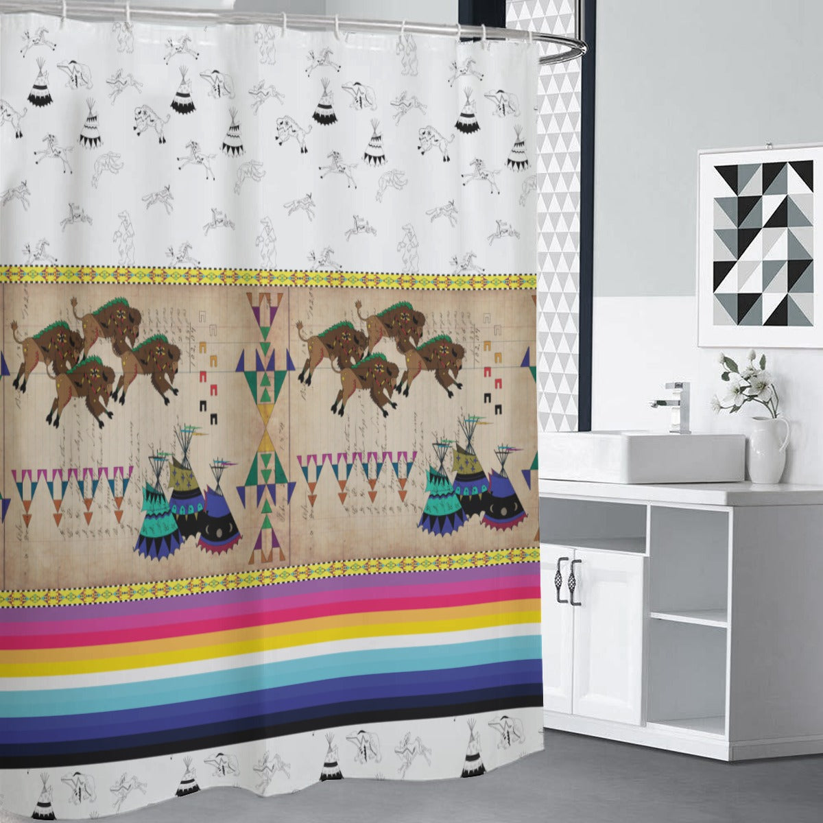 Ledger Buffalos Running White Clay Shower Curtain (59 inch x 71 inch)