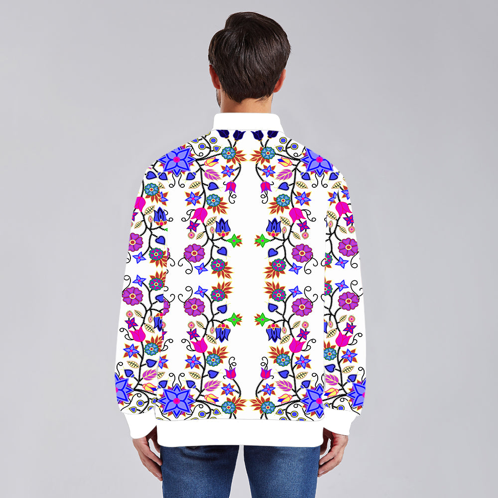 Floral Beadwork Seven Clans White Unisex Collar Zipper Jacket