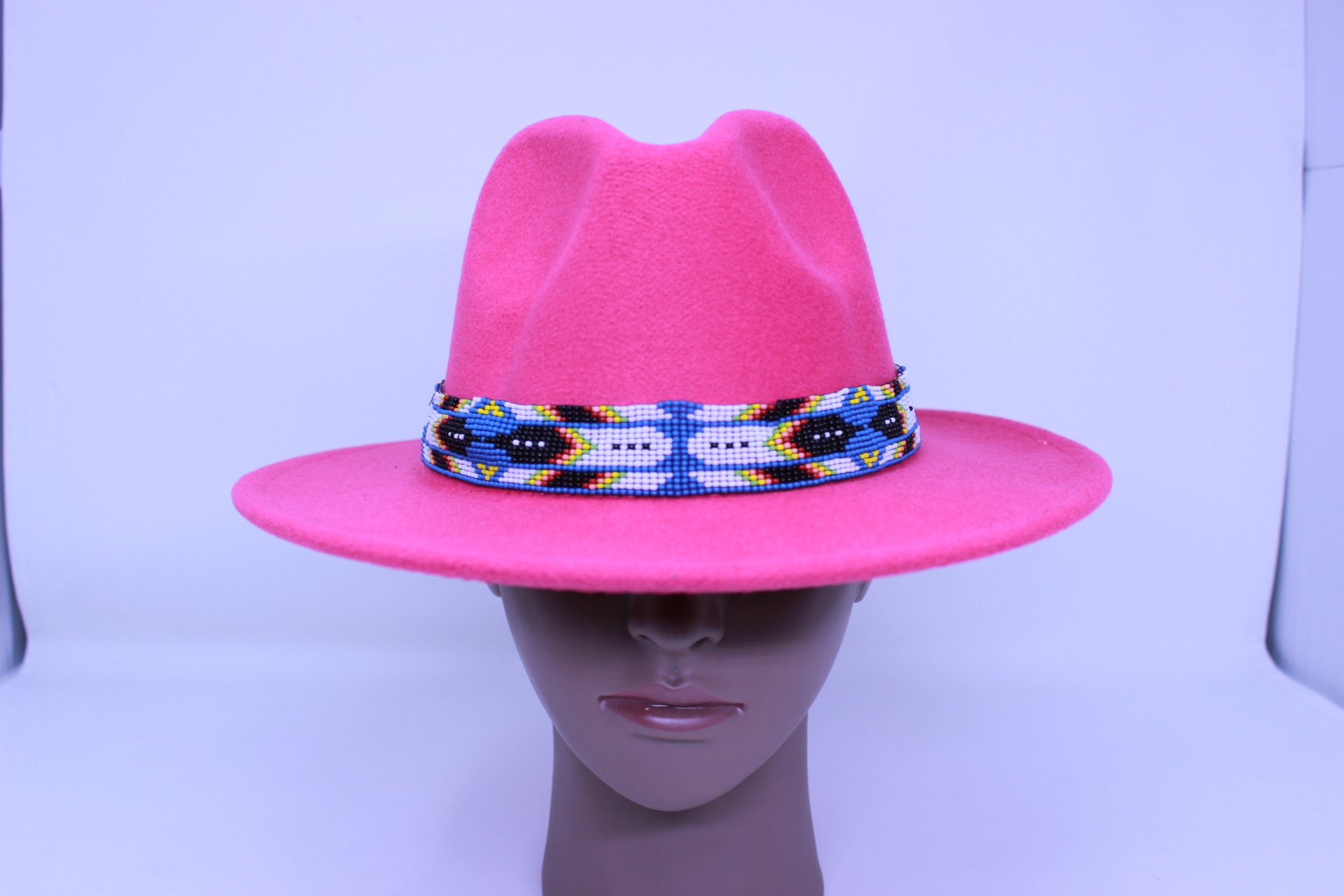 Hot Pink Fedora Hat w Dark Blue Beaded Hat Band and Jingles