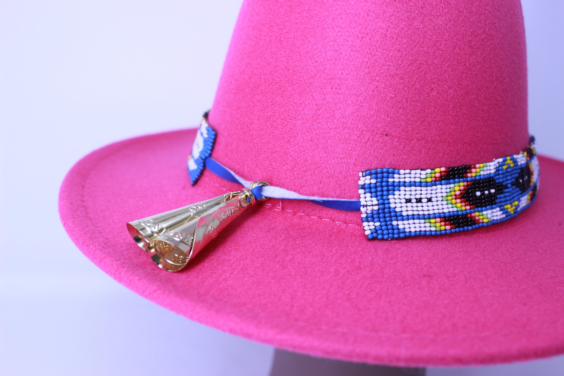 Hot Pink Fedora Hat w Dark Blue Beaded Hat Band and Jingles