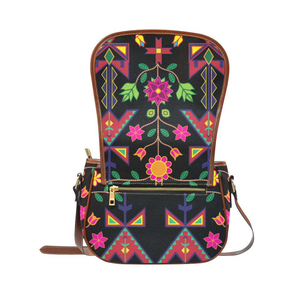 Geometric Floral Spring - Black Saddle Bag/Small (Model 1649) Full Customization Saddle Bag/Small (Full Customization) e-joyer 