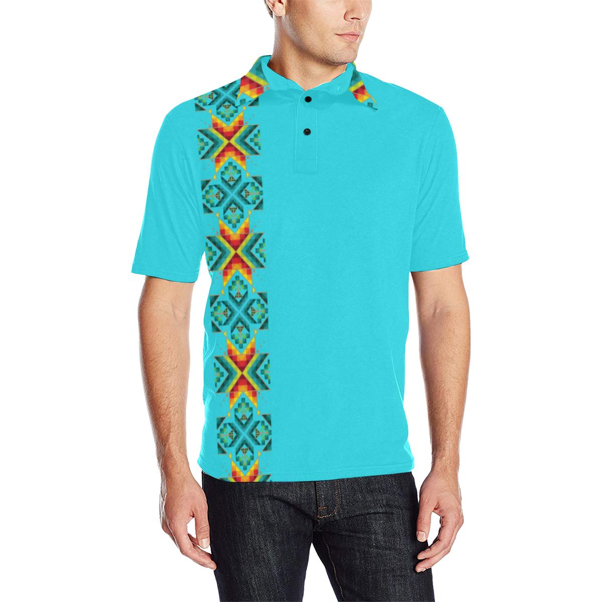 Turquoise Blanket Strip Men's All Over Print Polo Shirt (Model T55) Men's Polo Shirt (Model T55) e-joyer 